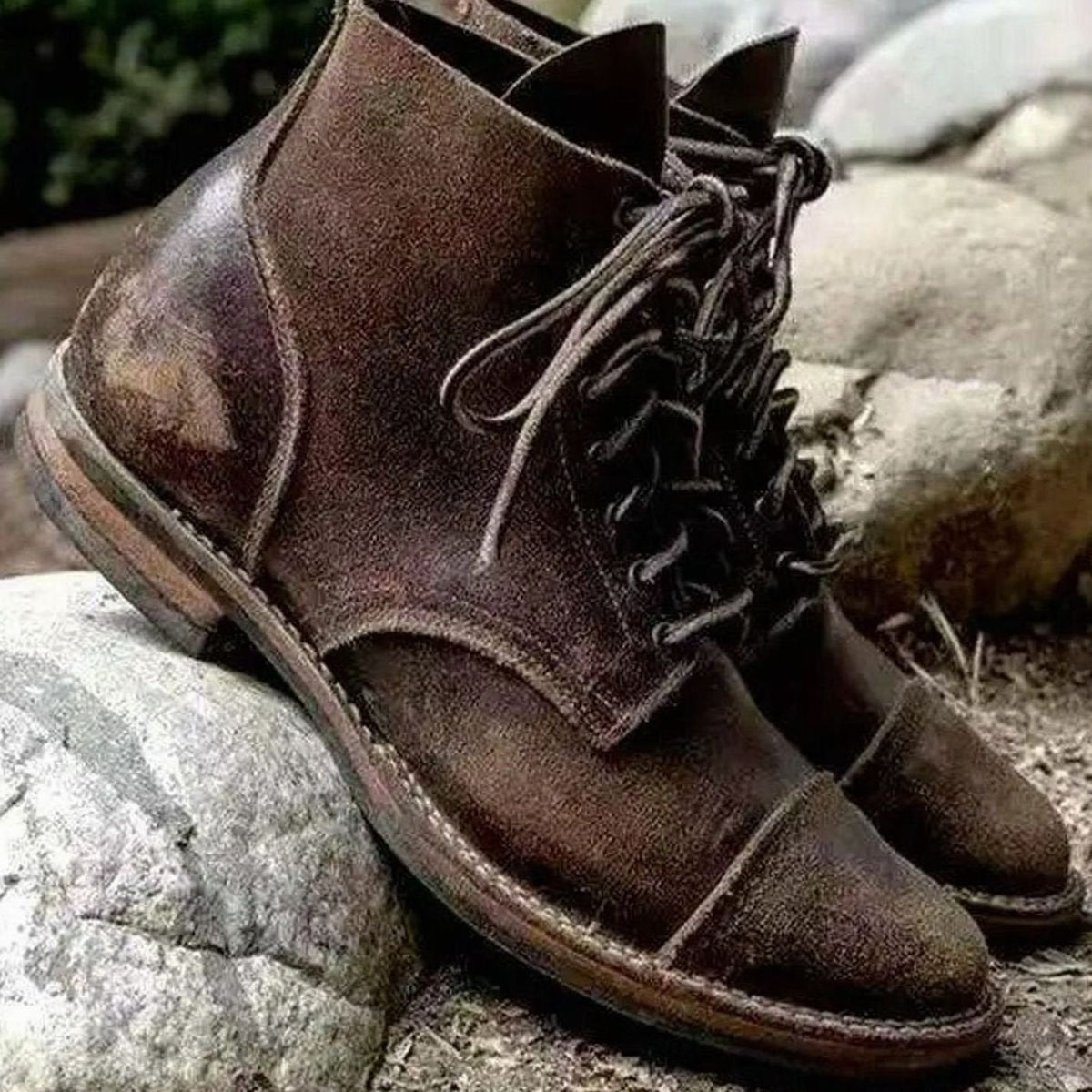 Harrison | Men's Cap-Toe Lace-Up Distressed Vegan Leather Ankle Boots