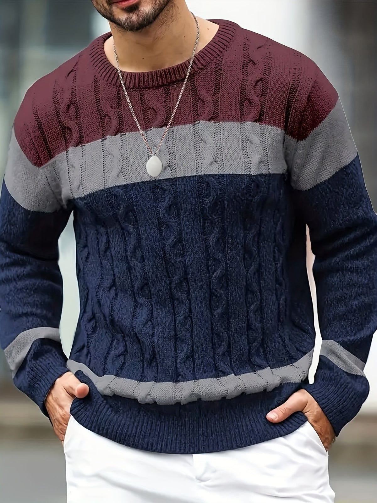 Bradley | Men's Colour-Block Cable-Knit Crew Neck Jumper