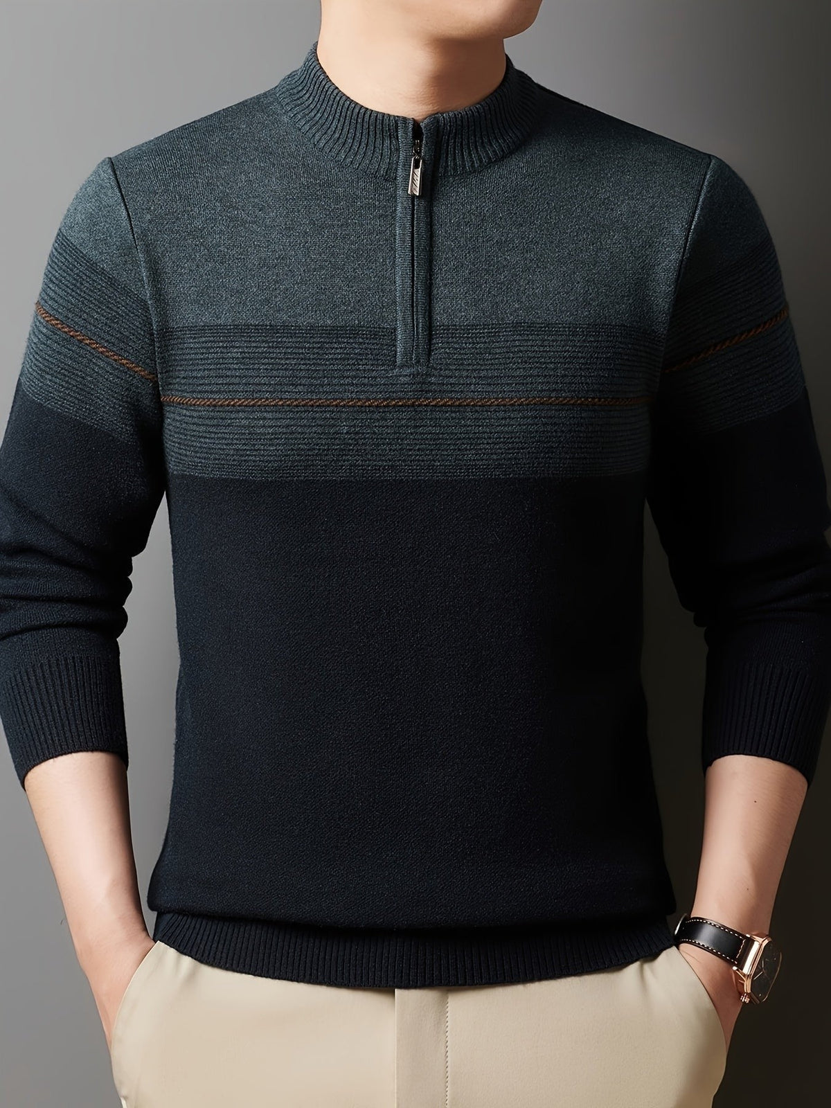 Ambrose | Men's Colour-Block Striped Funnel Neck Half-Zip Jumper