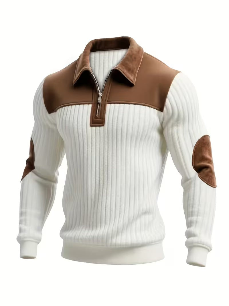 Callum | Men's Colour-Block Vegan Leather Trim Quarter-Zip Elbow-Patch Jumper