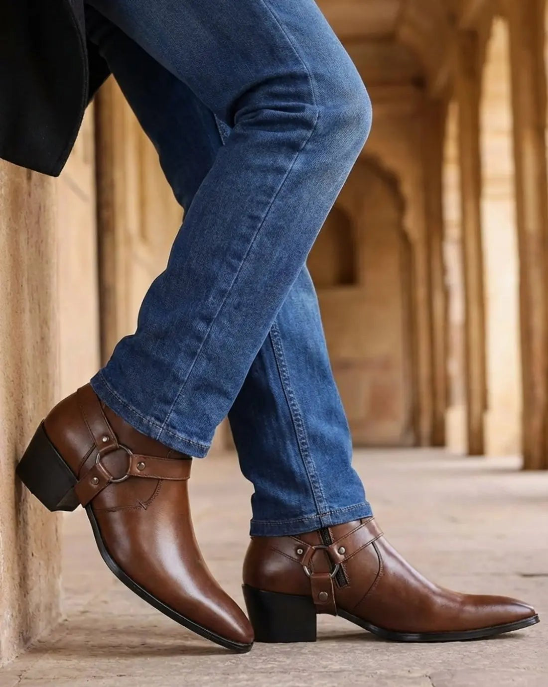 Dalton | Men's Pointed-Toe Harness-Strap Block-Heel Vegan Leather Ankle Boots