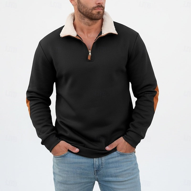Preston | Men's Standing-Collar Contrast Elbow-Patch Quarter-Zip Jumper