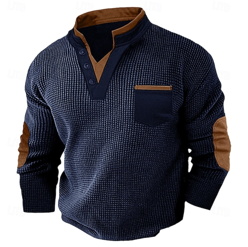 Hartley | Men's Textured Contrast-Trim Elbow-Patch Henley Jumper