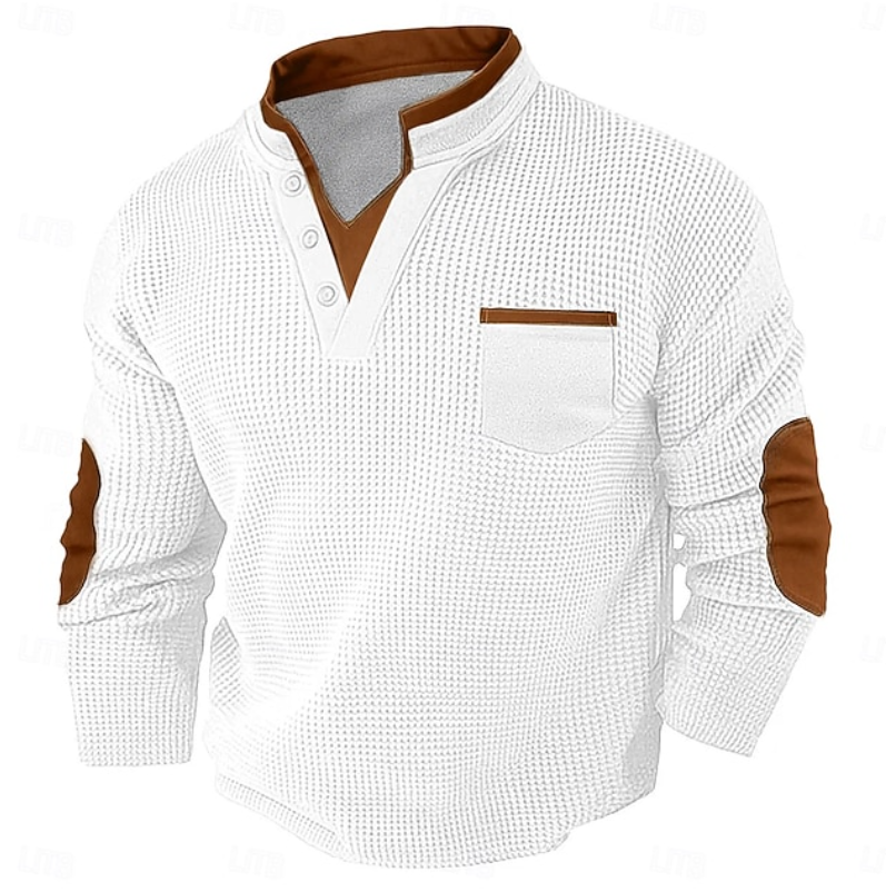 Hartley | Men's Textured Contrast-Trim Elbow-Patch Henley Jumper