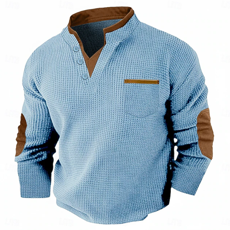 Hartley | Men's Textured Contrast-Trim Elbow-Patch Henley Jumper