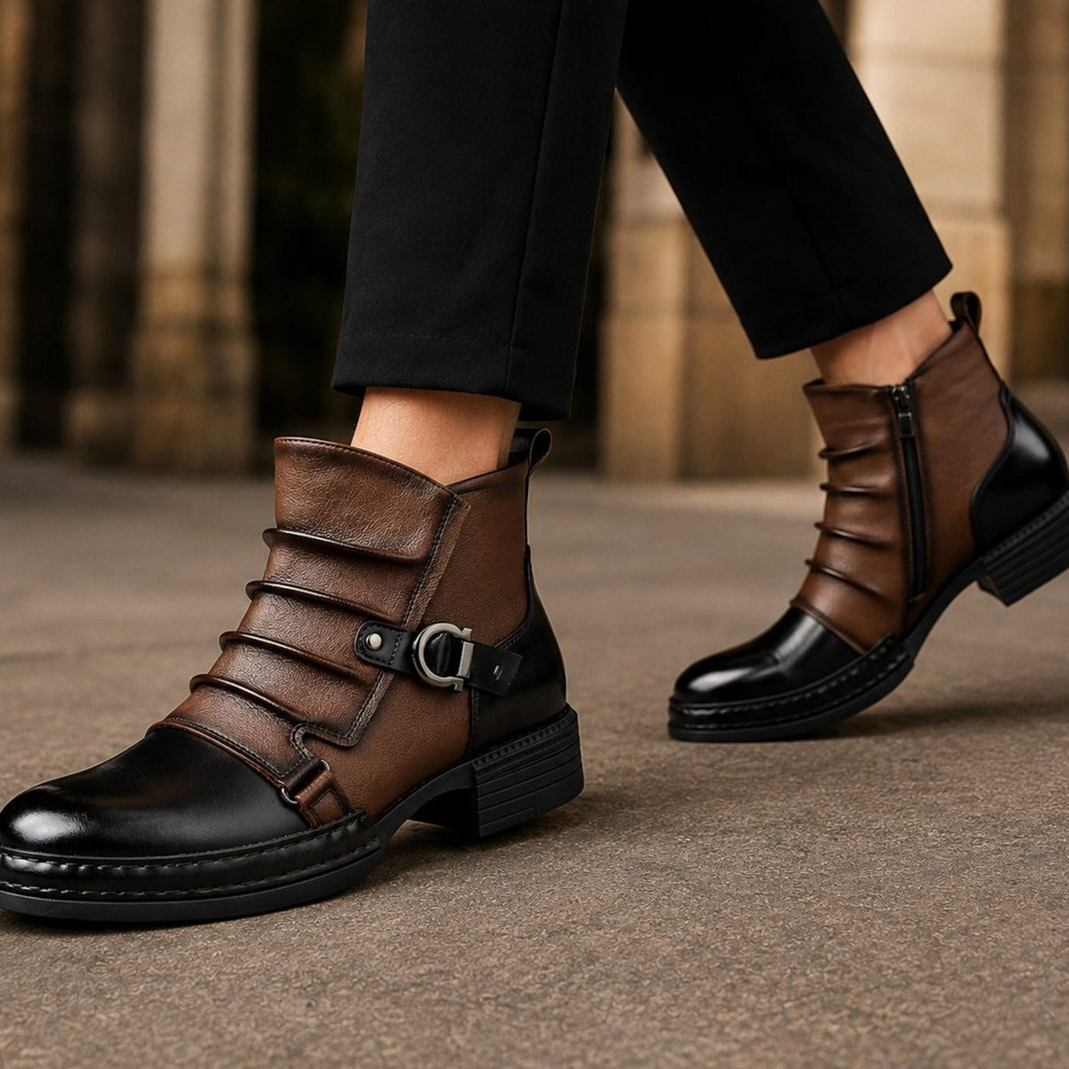 Harlan | Men's Two-Tone Buckle-Strap Round-Toe Side-Zip Ankle Boots