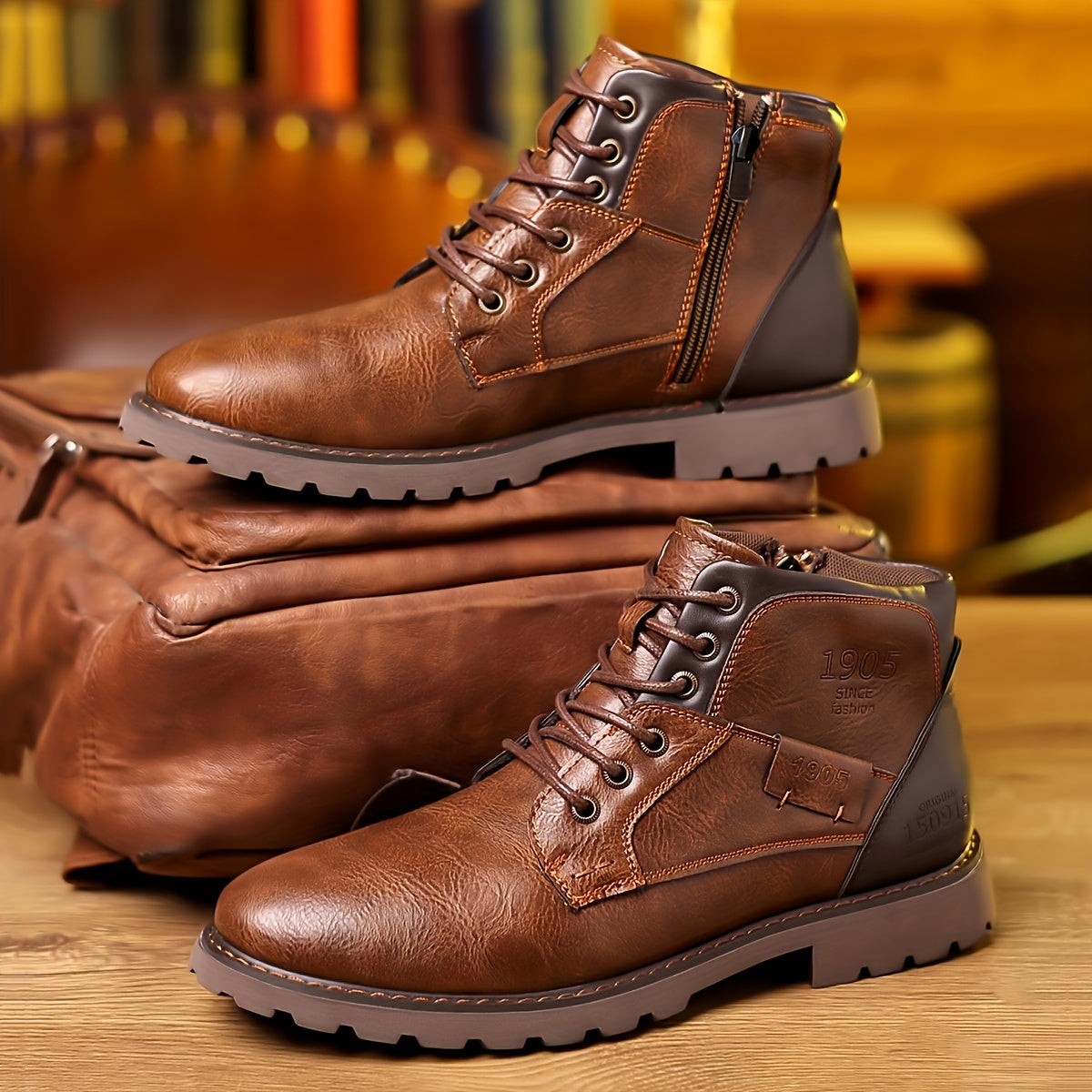 Hudson | Men's Two-Tone Lace-Up Side-Zip Vegan Leather Ankle Boots