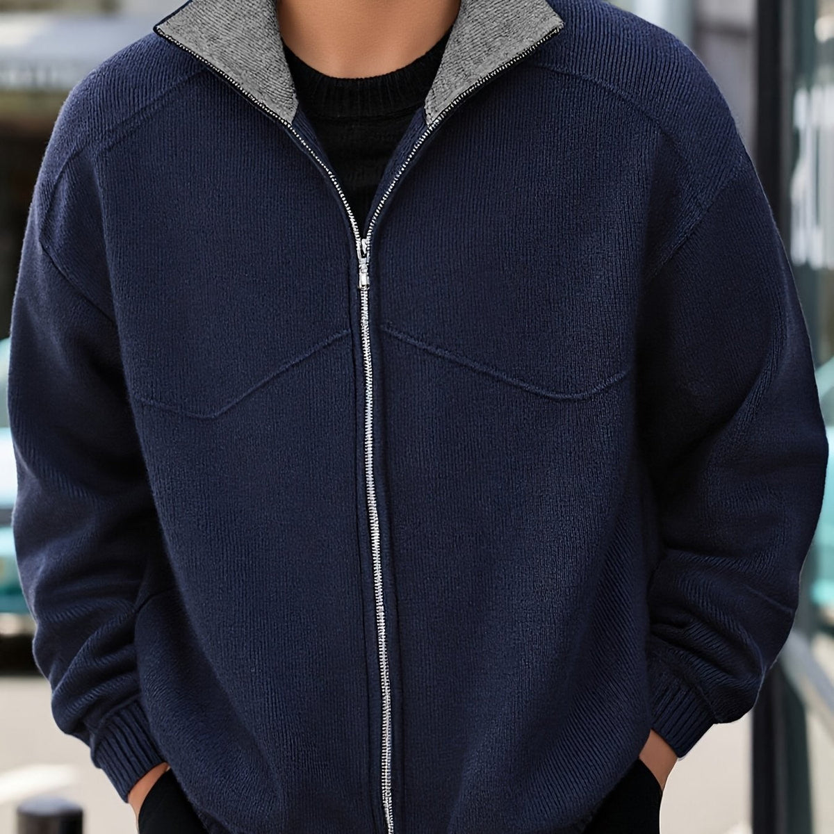 Winslow | Men's Zip-Up Stand-Collar Contrast-Trim Ribbed Relaxed-Fit Cardigan