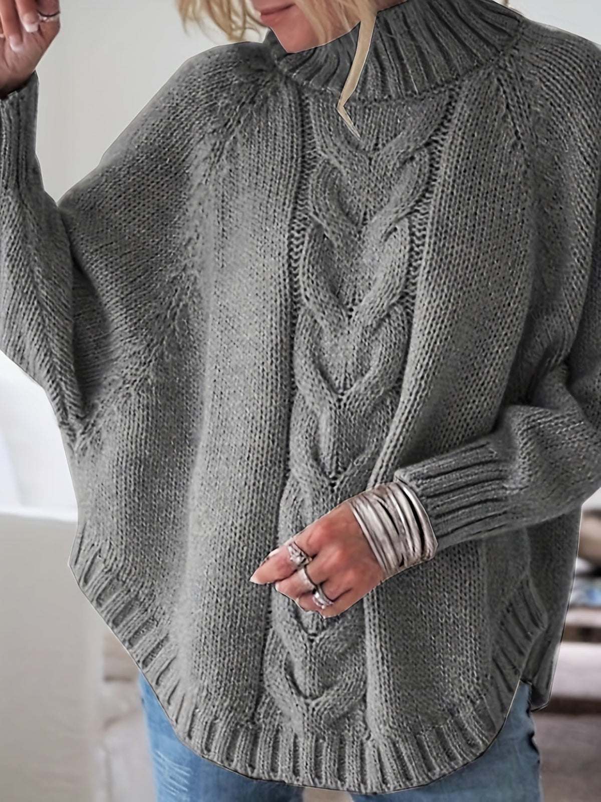 Maeve | Oversized Cable-Knit High-Neck Batwing-Sleeve Jumper
