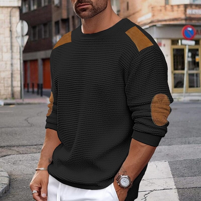 Rowan | Waffle-Textured Contrast-Patch Relaxed-Fit Crew Neck Winter Jumper