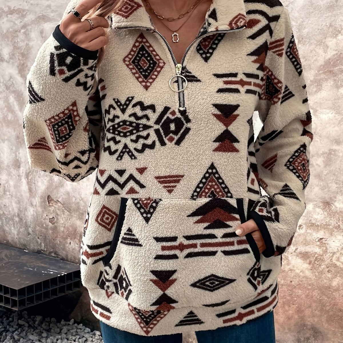 Sienna | Women's Boho Quarter-Zip Stand-Collar Relaxed-Fit Jumper
