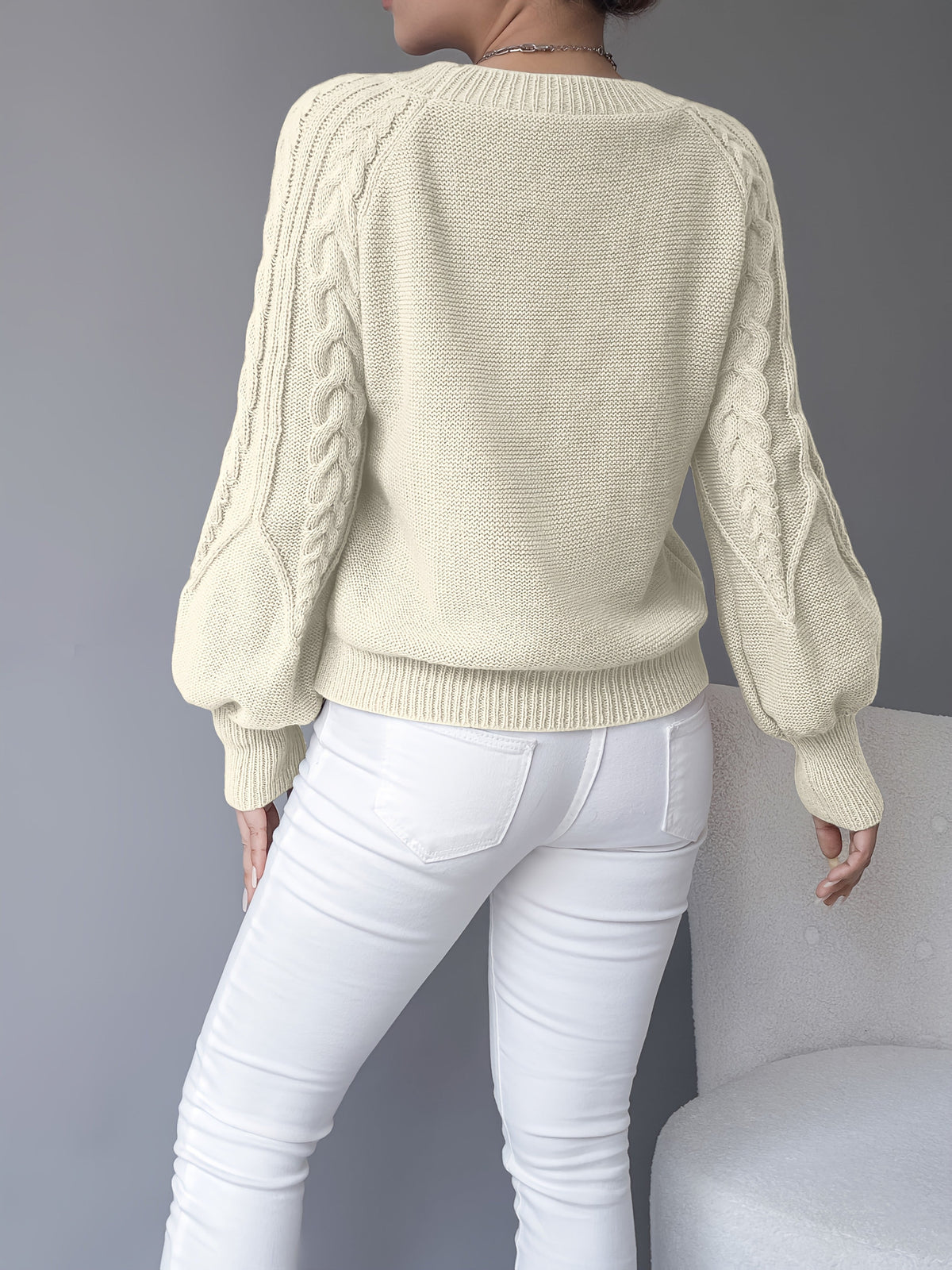 Elsie | Women's Cable-Knit Crew Neck Lantern Sleeve Cropped Winter Jumper