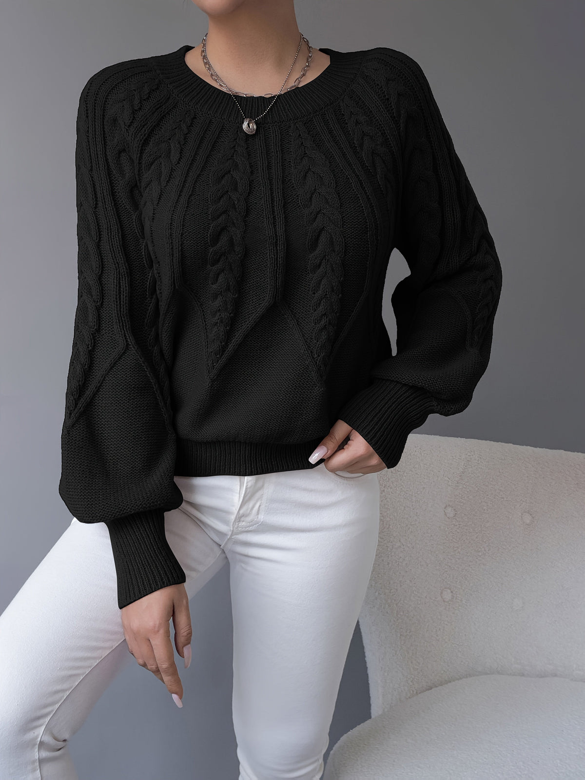 Elsie | Women's Cable-Knit Crew Neck Lantern Sleeve Cropped Winter Jumper