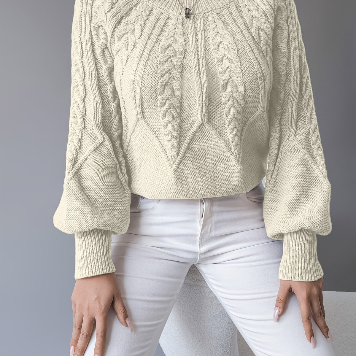 Elsie | Women's Cable-Knit Crew Neck Lantern Sleeve Cropped Winter Jumper
