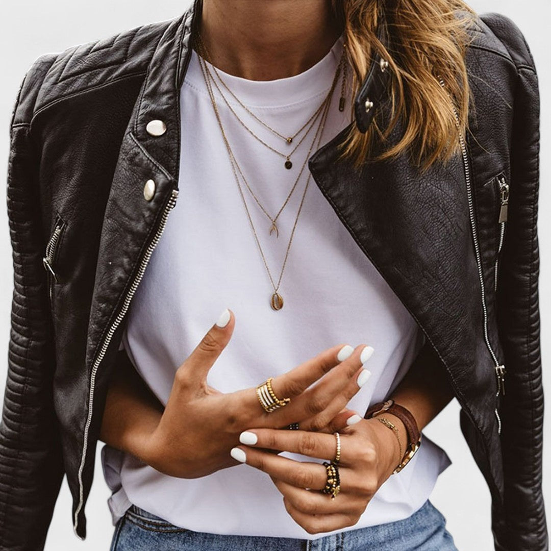 Blake | Women's Cropped Stand-Collar Quilted-Shoulder Vegan Leather Moto Jacket