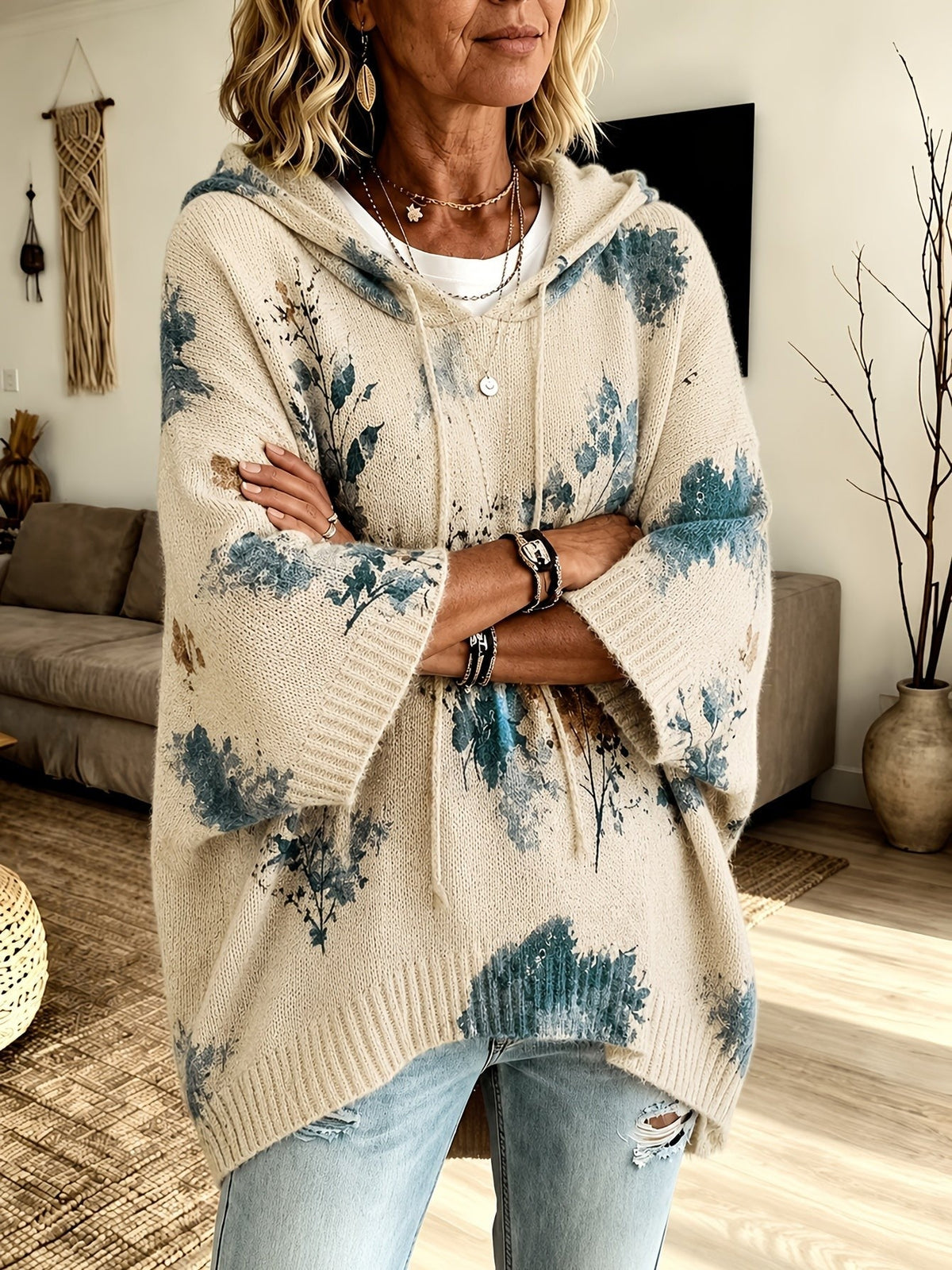 Sienna | Women's Floral Batwing-Sleeve Longline Hooded Cape Jumper