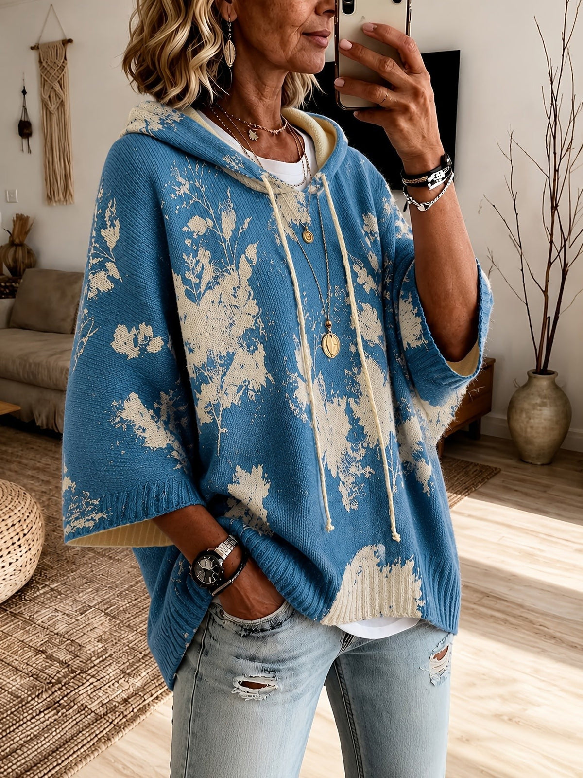Sienna | Women's Floral Batwing-Sleeve Longline Hooded Cape Jumper