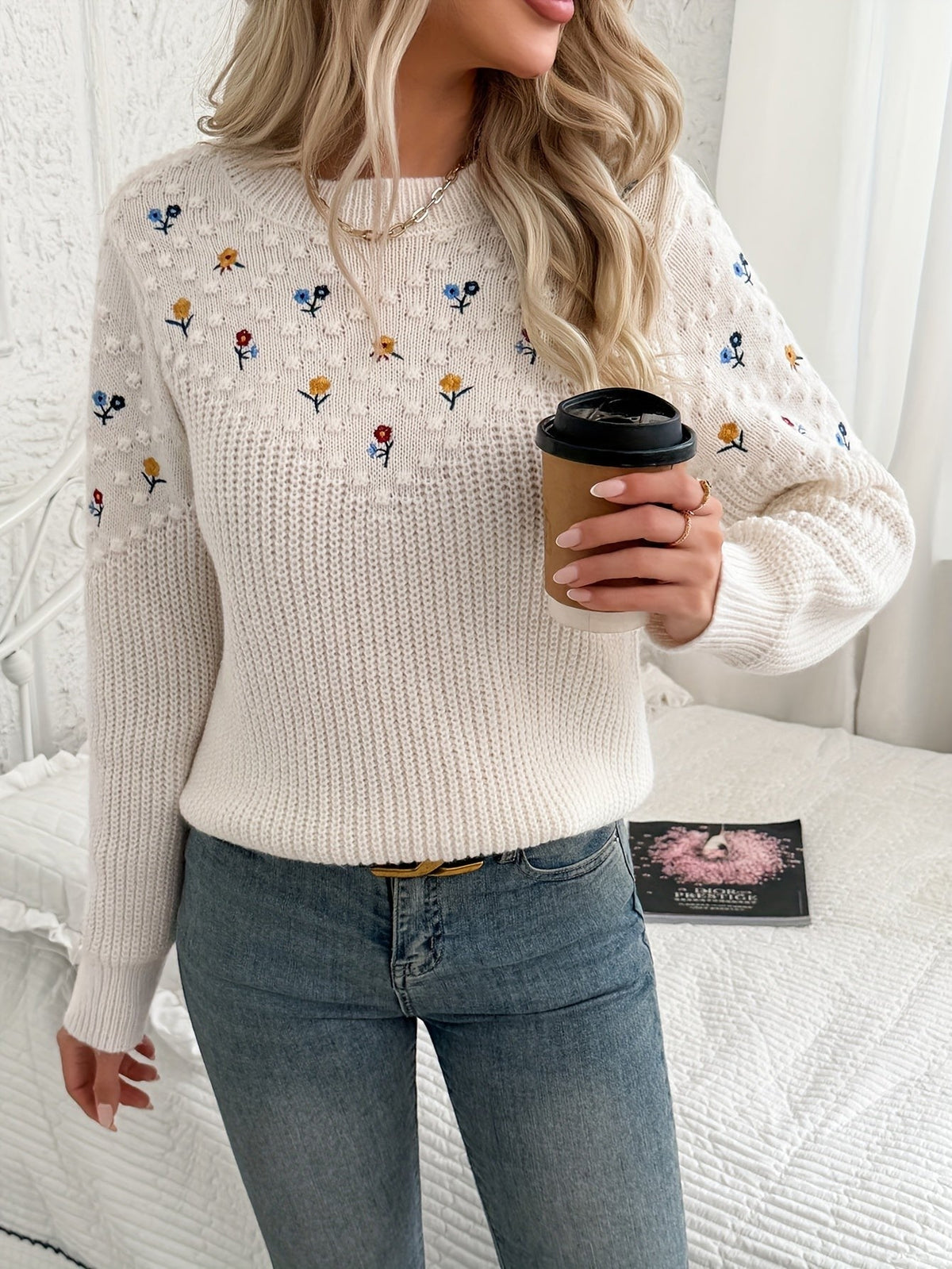 Wren | Women's Floral Embroidered Textured-Panel Crew Neck Jumper