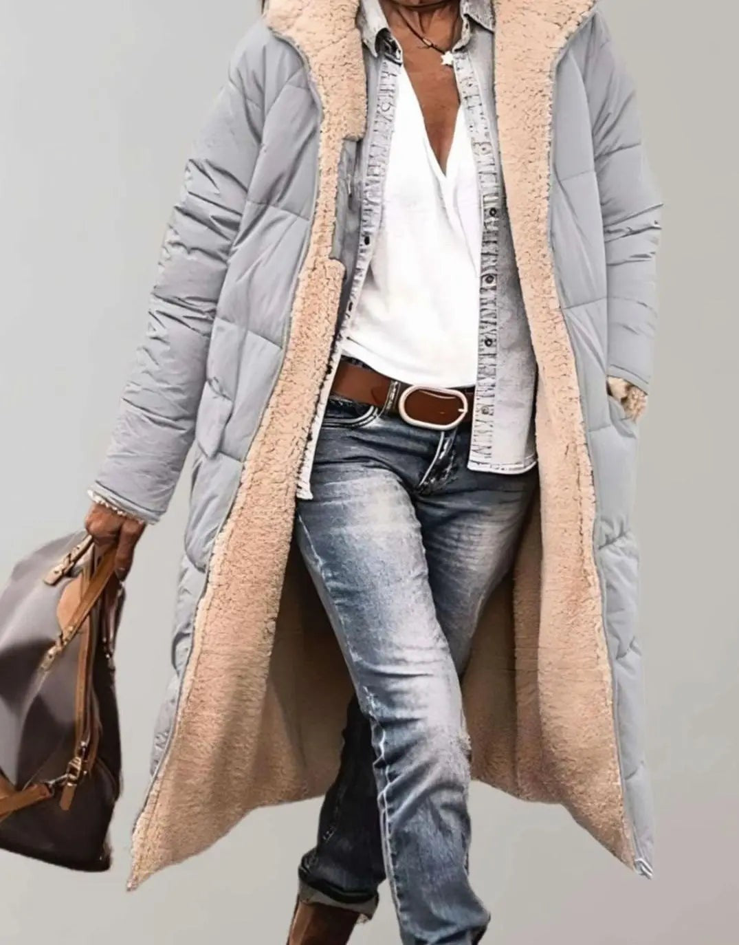 Isla | Women's Longline Hooded Fleece-Trim Open-Front Quilted Coat