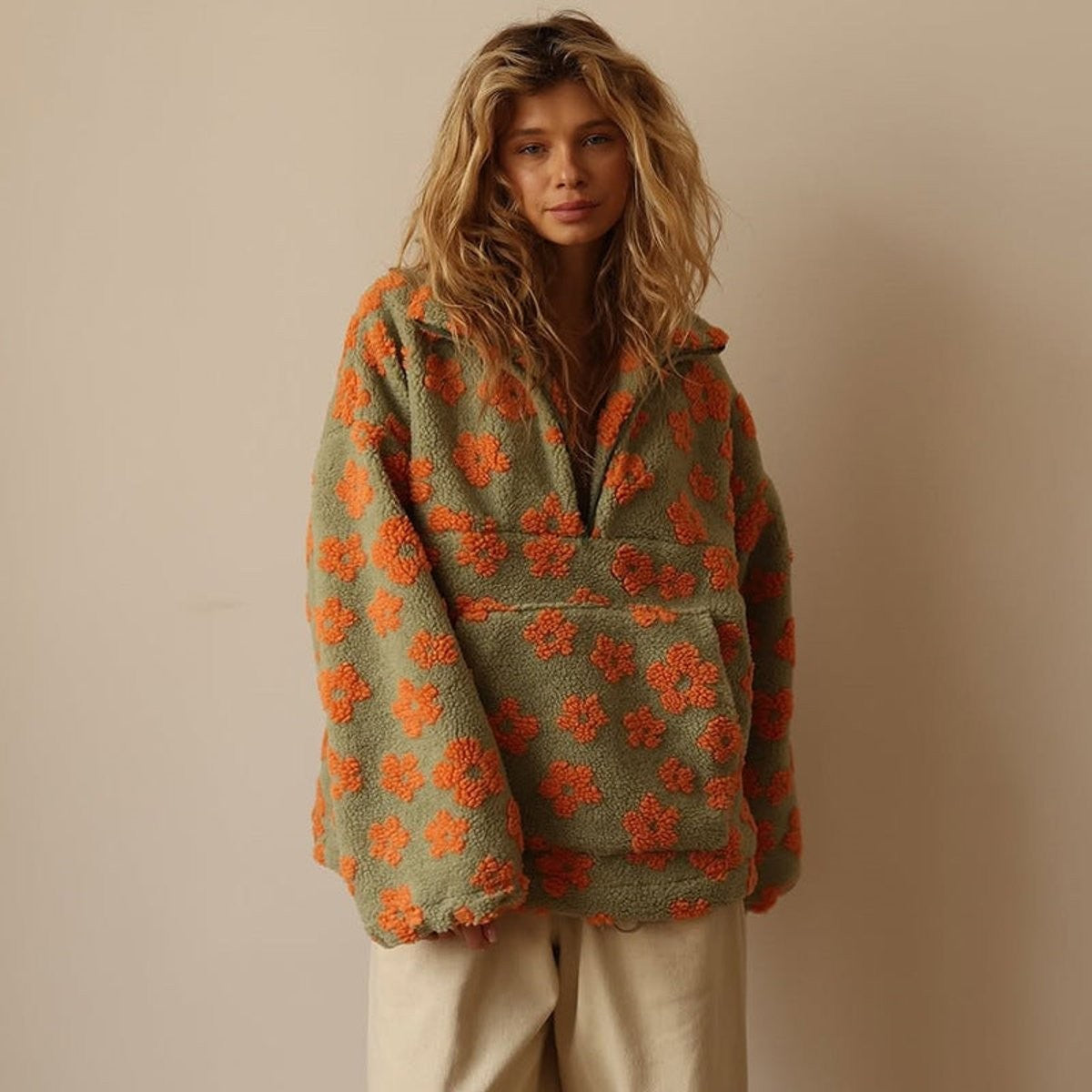 Poppy | Women's Oversized Floral Half-Zip Drop-Shoulder Cropped Jumper