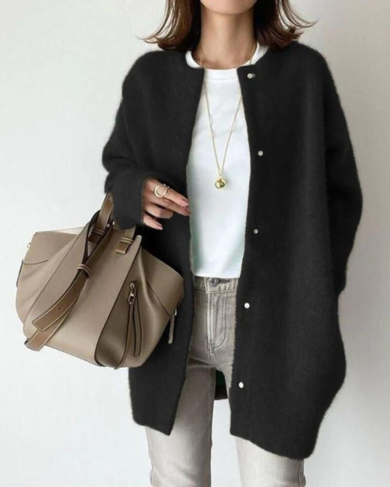 Rosie | Women's Oversized Longline Round-Neck Snap-Button Cardigan