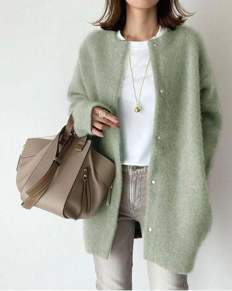 Rosie | Women's Oversized Longline Round-Neck Snap-Button Cardigan