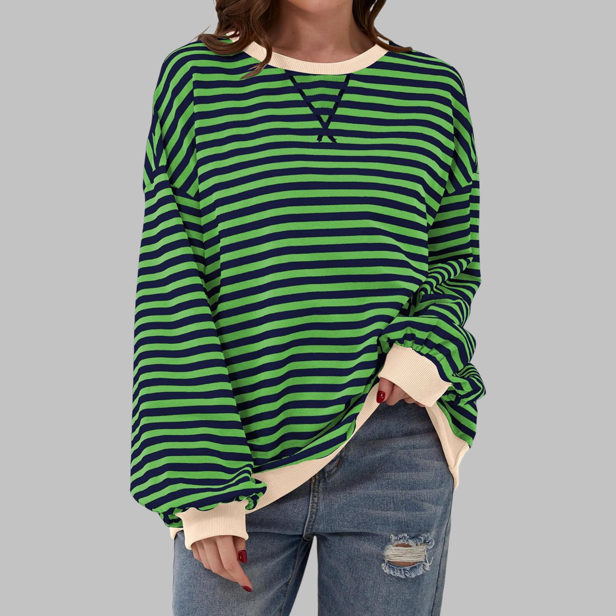 Mirelle | Women's Oversized Striped Contrast-Trim Crew Neck Pullover Sweatshirt
