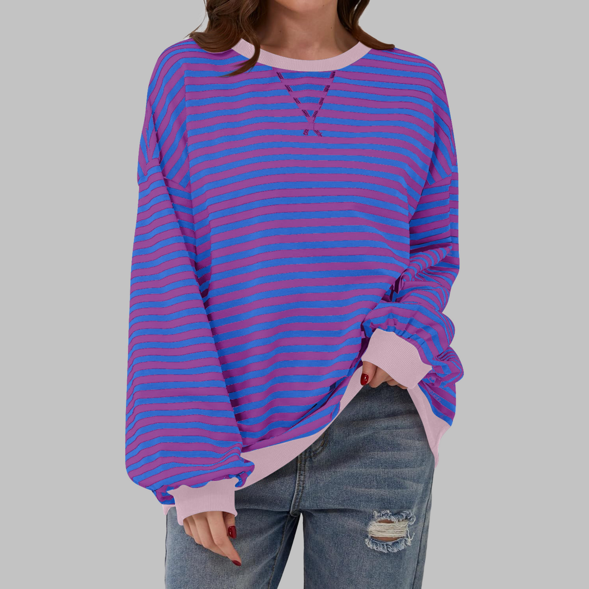 Mirelle | Women's Oversized Striped Contrast-Trim Crew Neck Pullover Sweatshirt