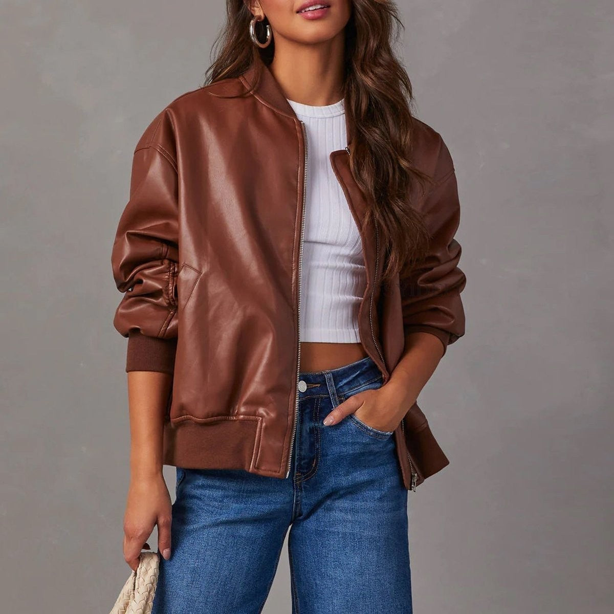 Mia | Women's Relaxed-Fit Vegan Leather Zip-Front Bomber Jacket