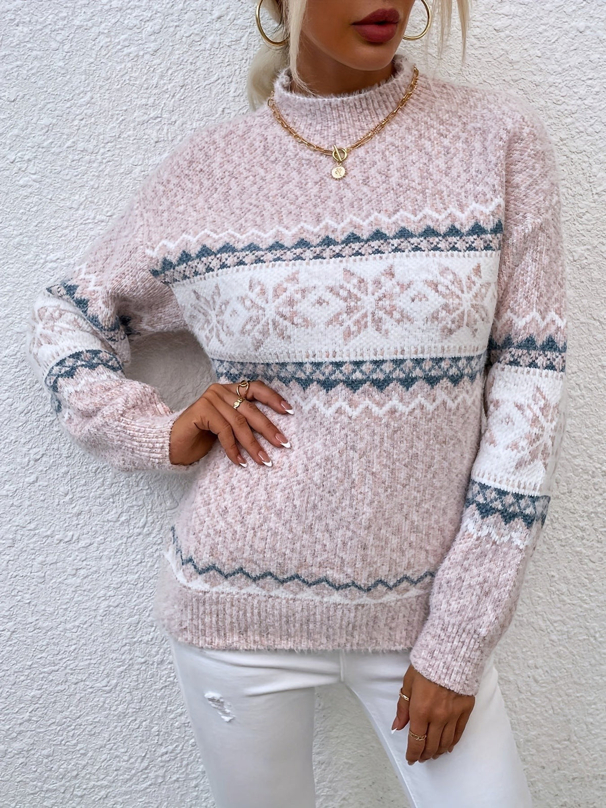 Tamsin | Women's Snowflake Fair Isle Mock-Neck Relaxed-Fit Christmas Jumper