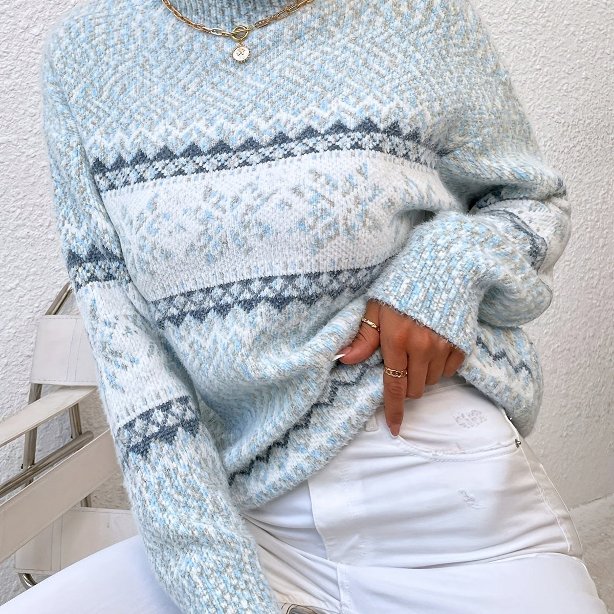 Tamsin | Women's Snowflake Fair Isle Mock-Neck Relaxed-Fit Christmas Jumper