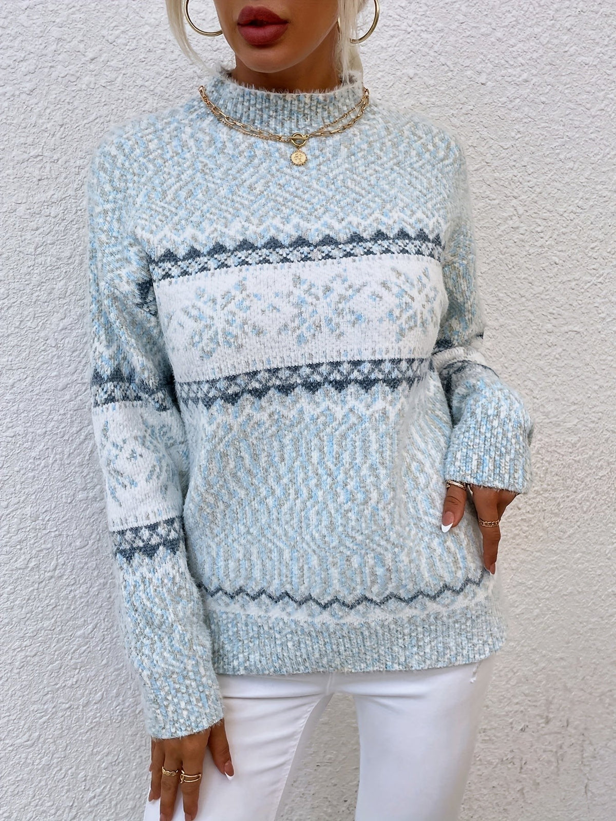 Tamsin | Women's Snowflake Fair Isle Mock-Neck Relaxed-Fit Christmas Jumper