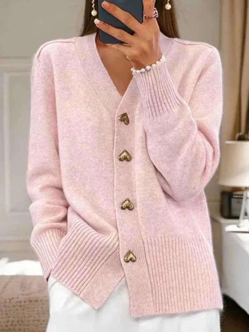 Amelie | Women's V-Neck Button-Front Heart-Button Relaxed-Fit Ribbed-Trim Cardigan