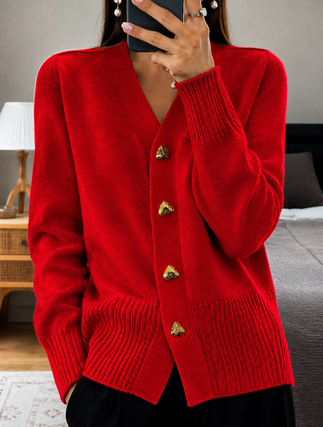 Amelie | Women's V-Neck Button-Front Heart-Button Relaxed-Fit Ribbed-Trim Cardigan