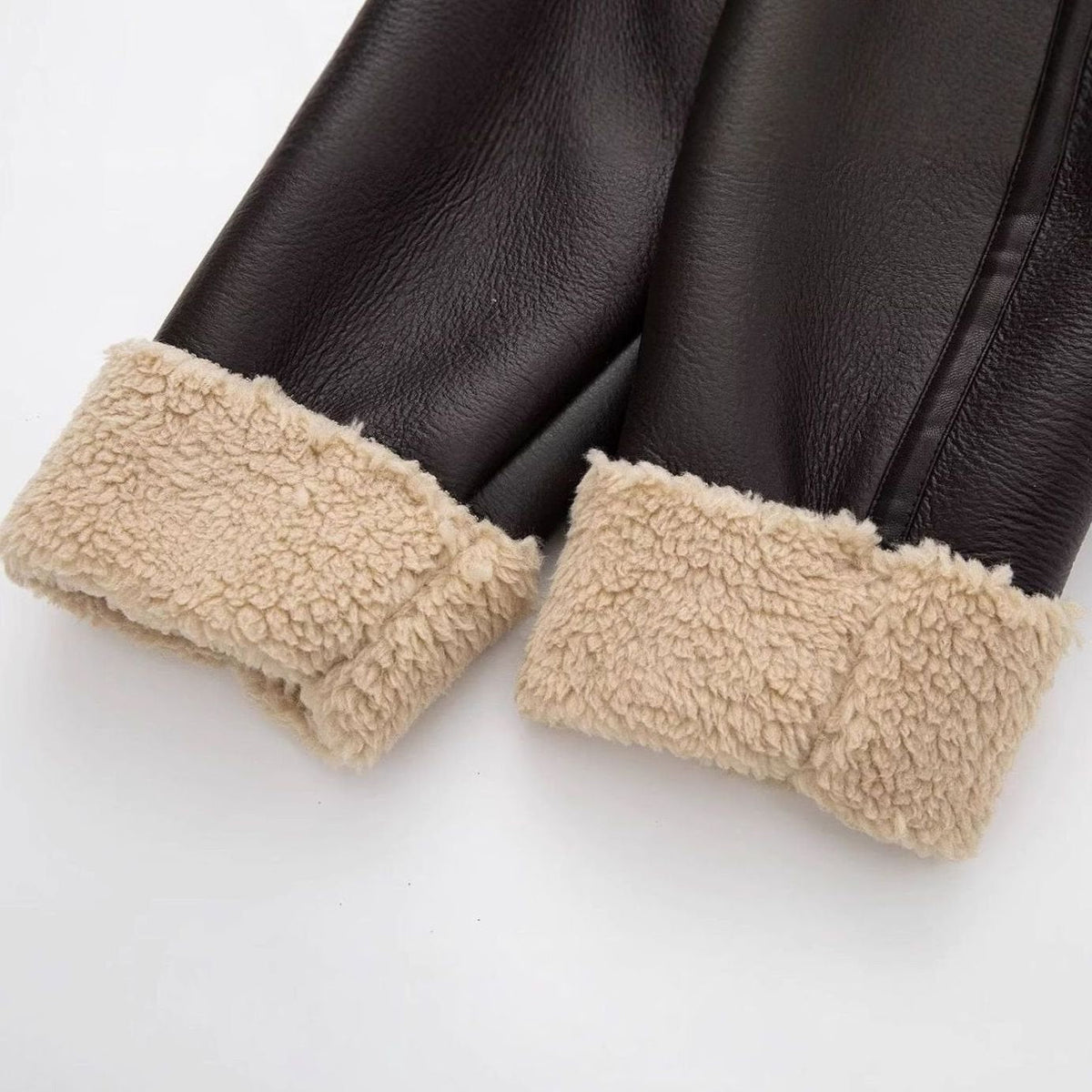 Freya | Women's Vegan Leather Shearling-Trim Buckle-Strap Zip-Up Winter Aviator Jacket