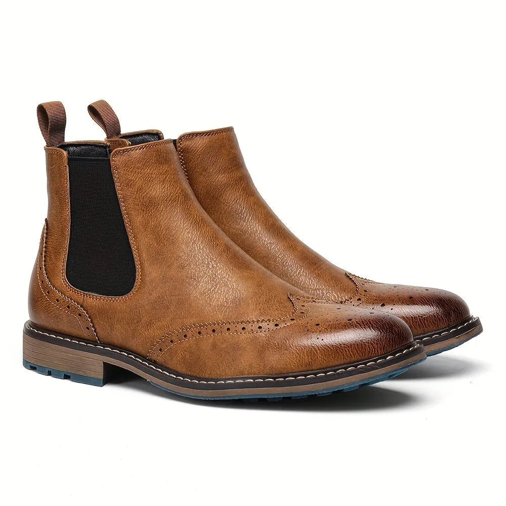 Preston | Men's Brogue Wingtip Round-Toe Slip-On Chelsea Boots