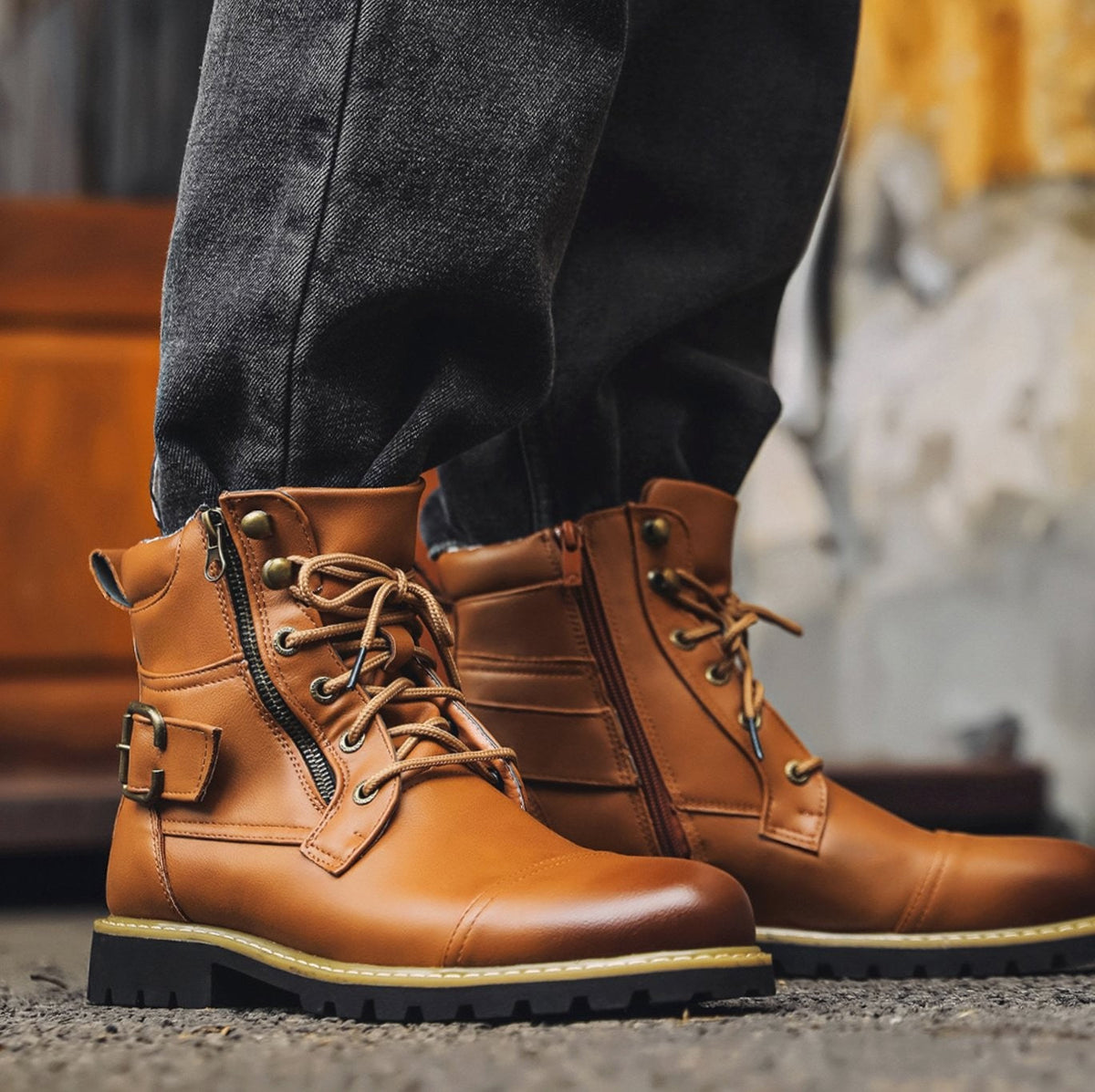 Marlow | Men's Cap-Toe Lace-Up Side-Zip Buckle-Strap Vegan Leather Ankle Boots