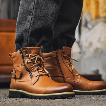 Marlow | Men's Cap-Toe Lace-Up Side-Zip Buckle-Strap Vegan Leather Ankle Boots