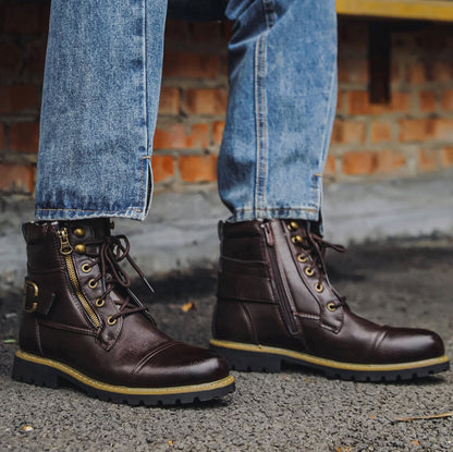Marlow | Men's Cap-Toe Lace-Up Side-Zip Buckle-Strap Vegan Leather Ankle Boots
