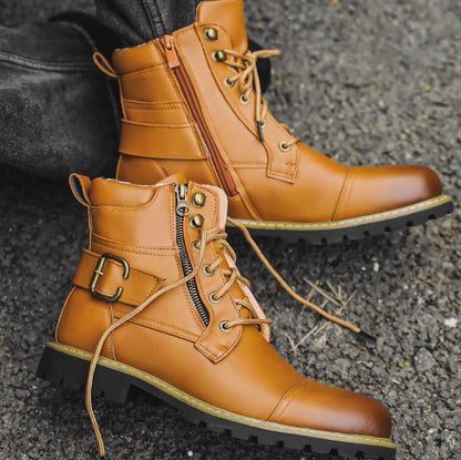 Marlow | Men's Cap-Toe Lace-Up Side-Zip Buckle-Strap Vegan Leather Ankle Boots