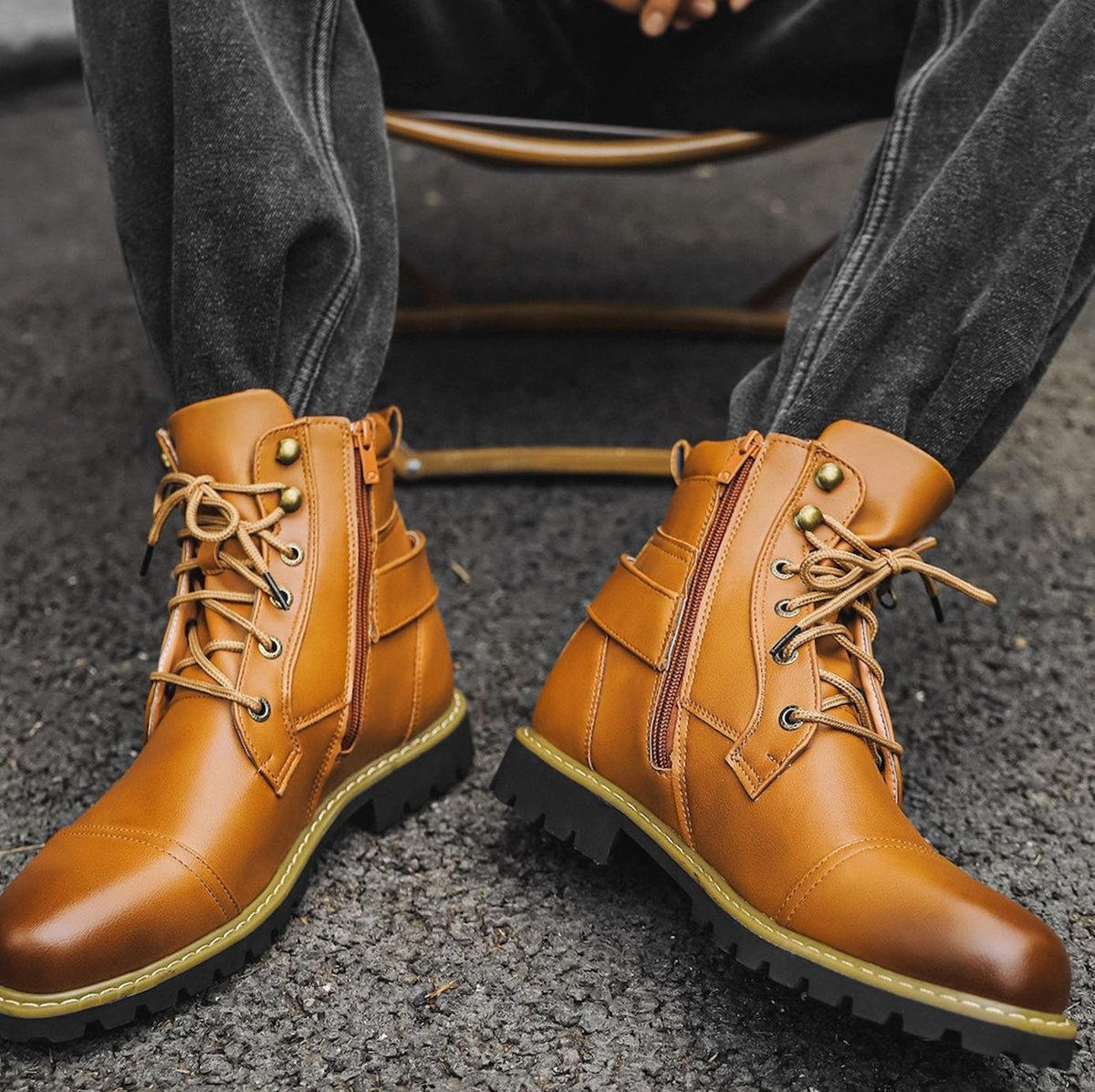 Marlow | Men's Cap-Toe Lace-Up Side-Zip Buckle-Strap Vegan Leather Ankle Boots