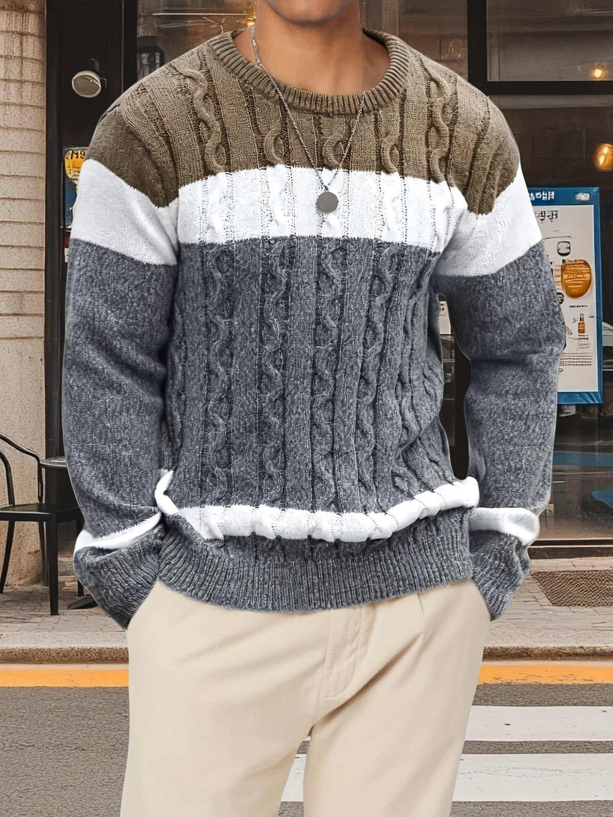 Bradley | Men's Colour-Block Cable-Knit Crew Neck Jumper