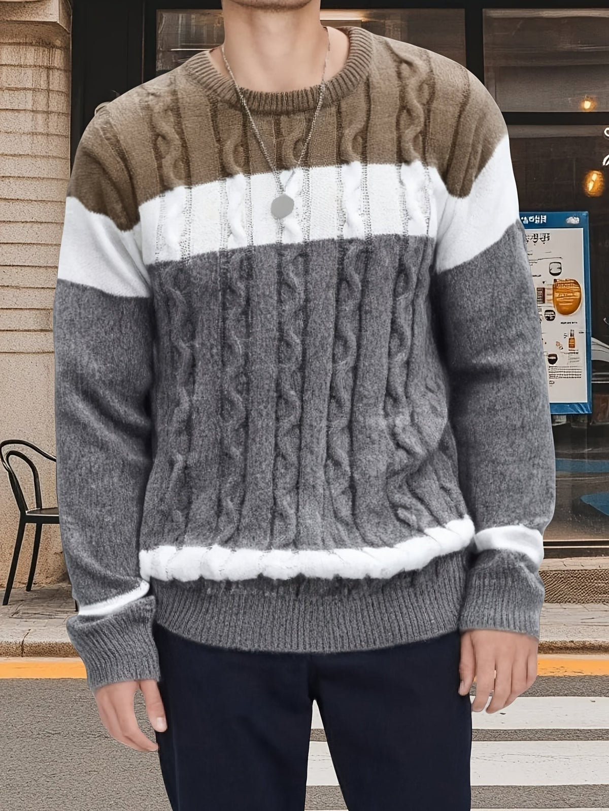 Bradley | Men's Colour-Block Cable-Knit Crew Neck Jumper