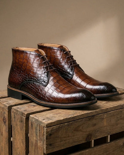 Harlan | Men's Croc-Embossed Vegan Leather Almond-Toe Lace-Up Chukka Boots
