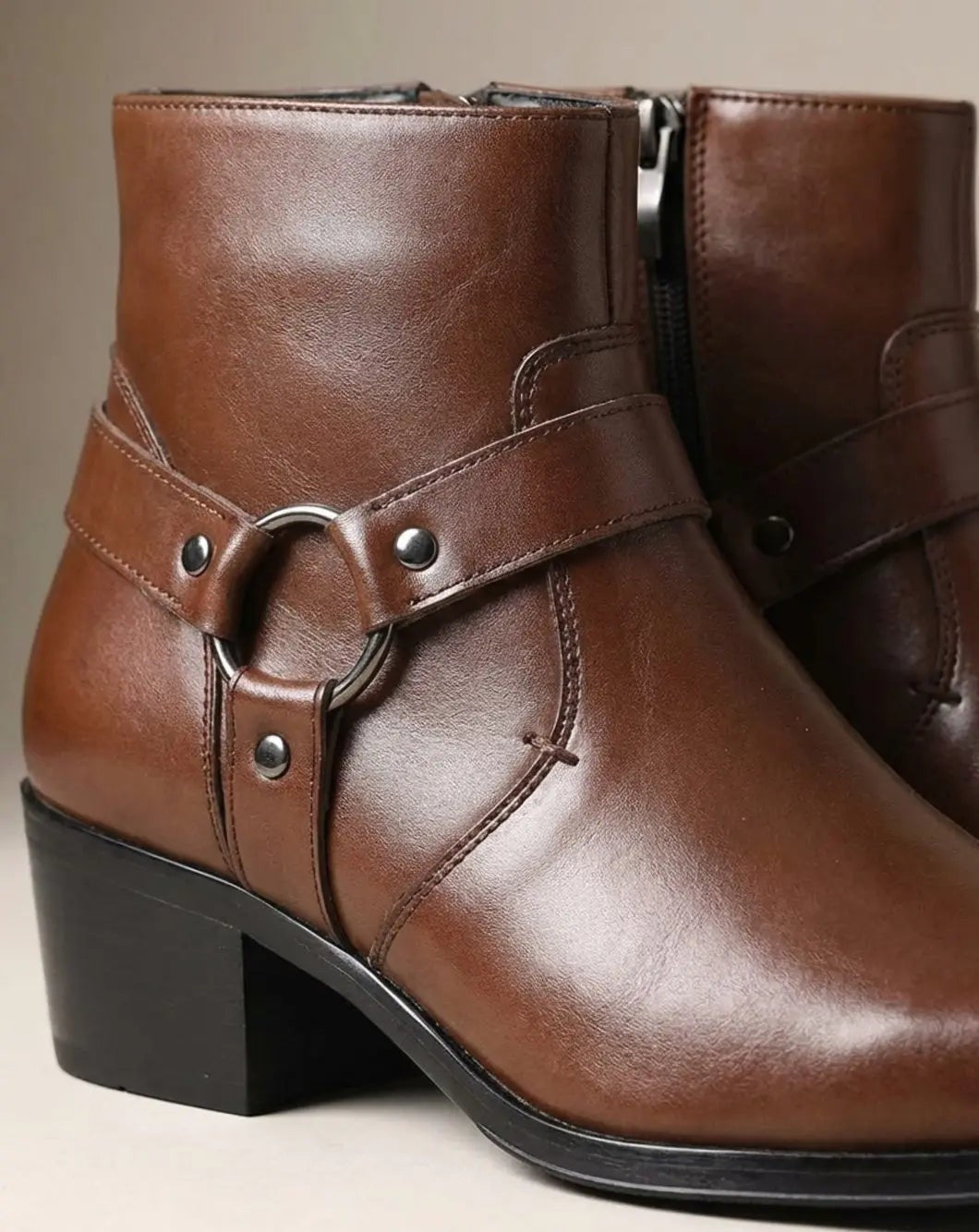 Dalton | Men's Pointed-Toe Harness-Strap Block-Heel Vegan Leather Ankle Boots