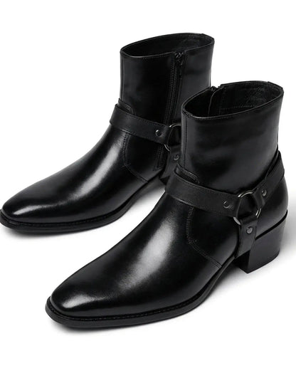 Dalton | Men's Pointed-Toe Harness-Strap Block-Heel Vegan Leather Ankle Boots