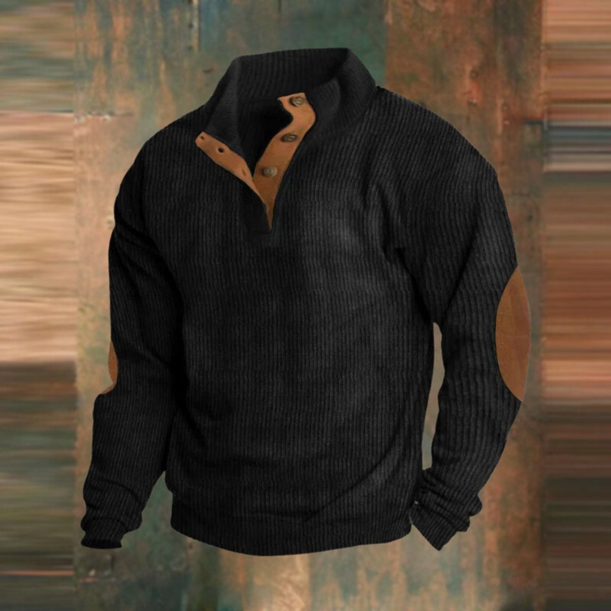 Fletcher | Men's Ribbed Elbow-Patch Snap-Placket Henley Jumper