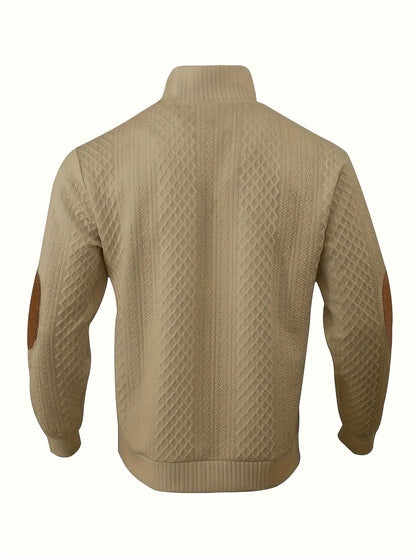 Everett | Men's Stand-Collar Textured Vegan Leather Trim Elbow-Patch Jumper
