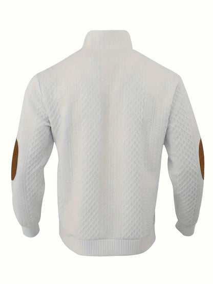 Everett | Men's Stand-Collar Textured Vegan Leather Trim Elbow-Patch Jumper