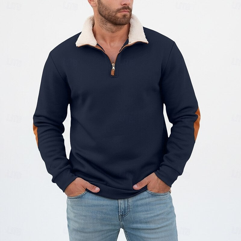 Preston | Men's Standing-Collar Contrast Elbow-Patch Quarter-Zip Jumper